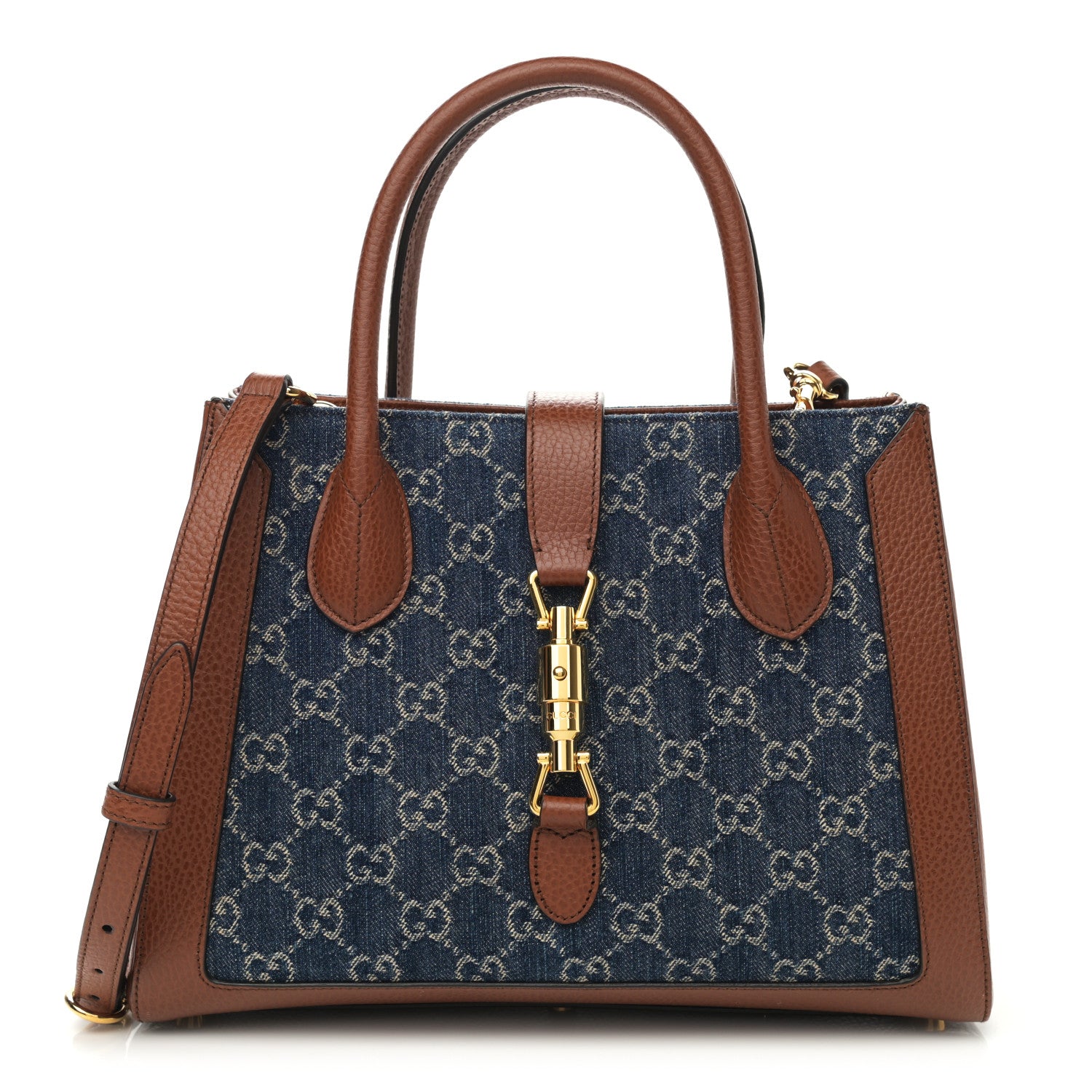 Gucci New Denim GG Monogram Dollar Calfskin Medium Jackie 1961 Tote Blue Tea Cuir Epilog 1 of 11