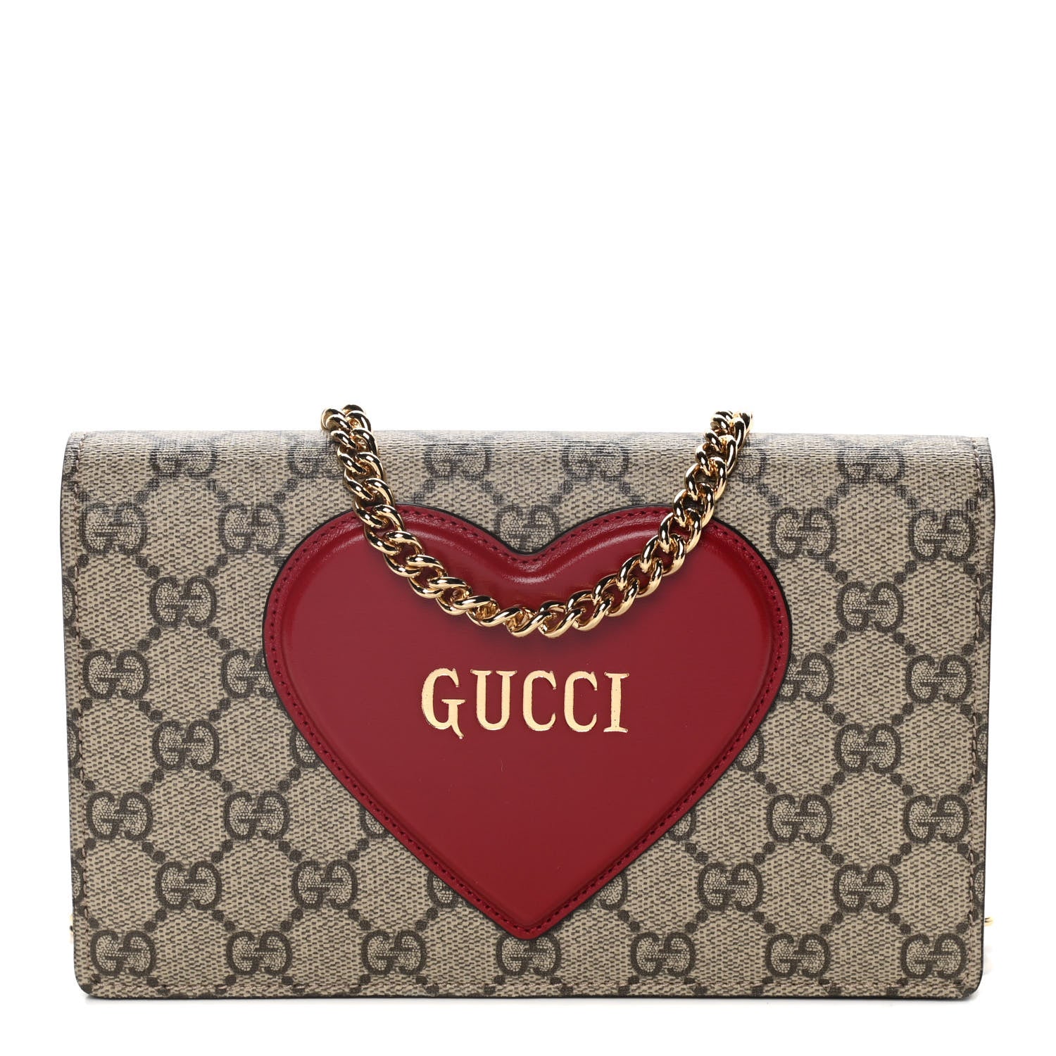Gucci GG Supreme Monogram Script Logo Heart Wallet on Chain Beige Brown 1 of 13