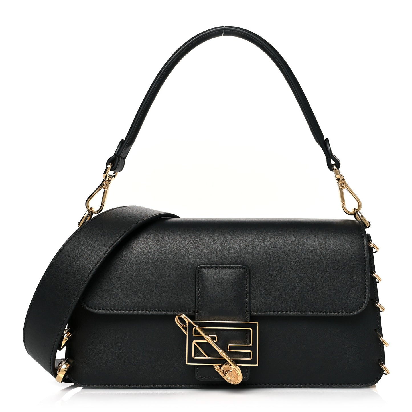 X VERSACE Vitello Seta Fendace Brooch Baguette Black