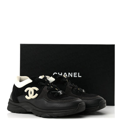 Chanel Mesh Suede Grained Calfskin Womens CC Sneakers 37 Black White 10 of 10