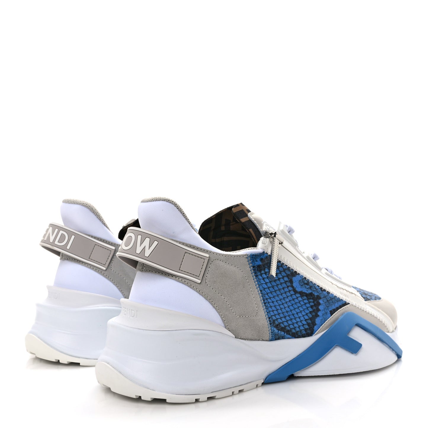 Elaphe Vitello Fabric FF Mens Fendi Flow Low Top Sneakers 10 True Blue Ghiaccio Tabacco Black