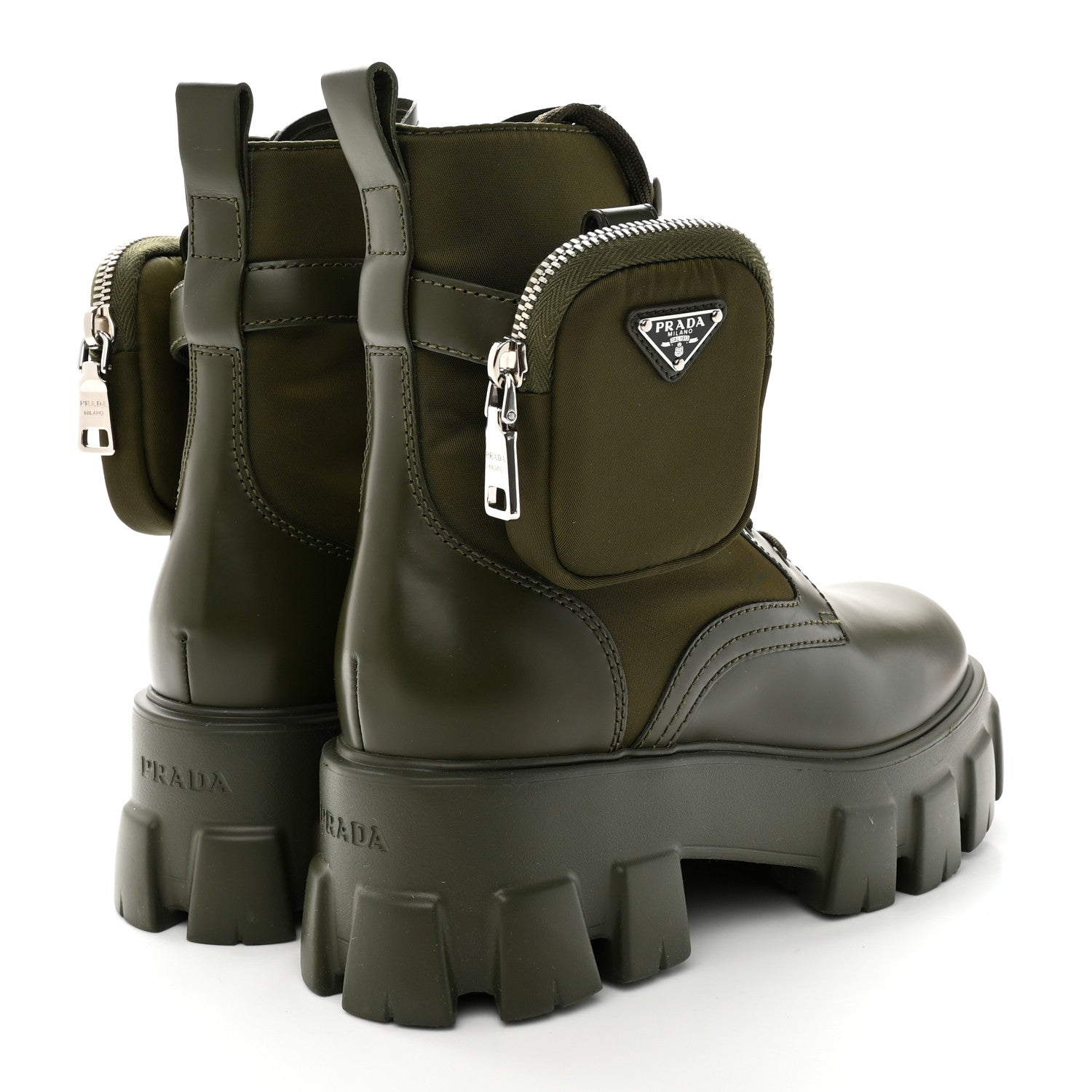 Prada Spazzolato Rois Re-Nylon Metal Triangle Logo Monolith Pouch Pocket 60mm Combat Boots 37.5 Militare 4 of 11