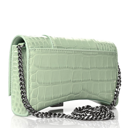 Balenciaga Shiny Calfskin Crocodile Embossed Hourglass Chain Bag Light Green 2 of 8