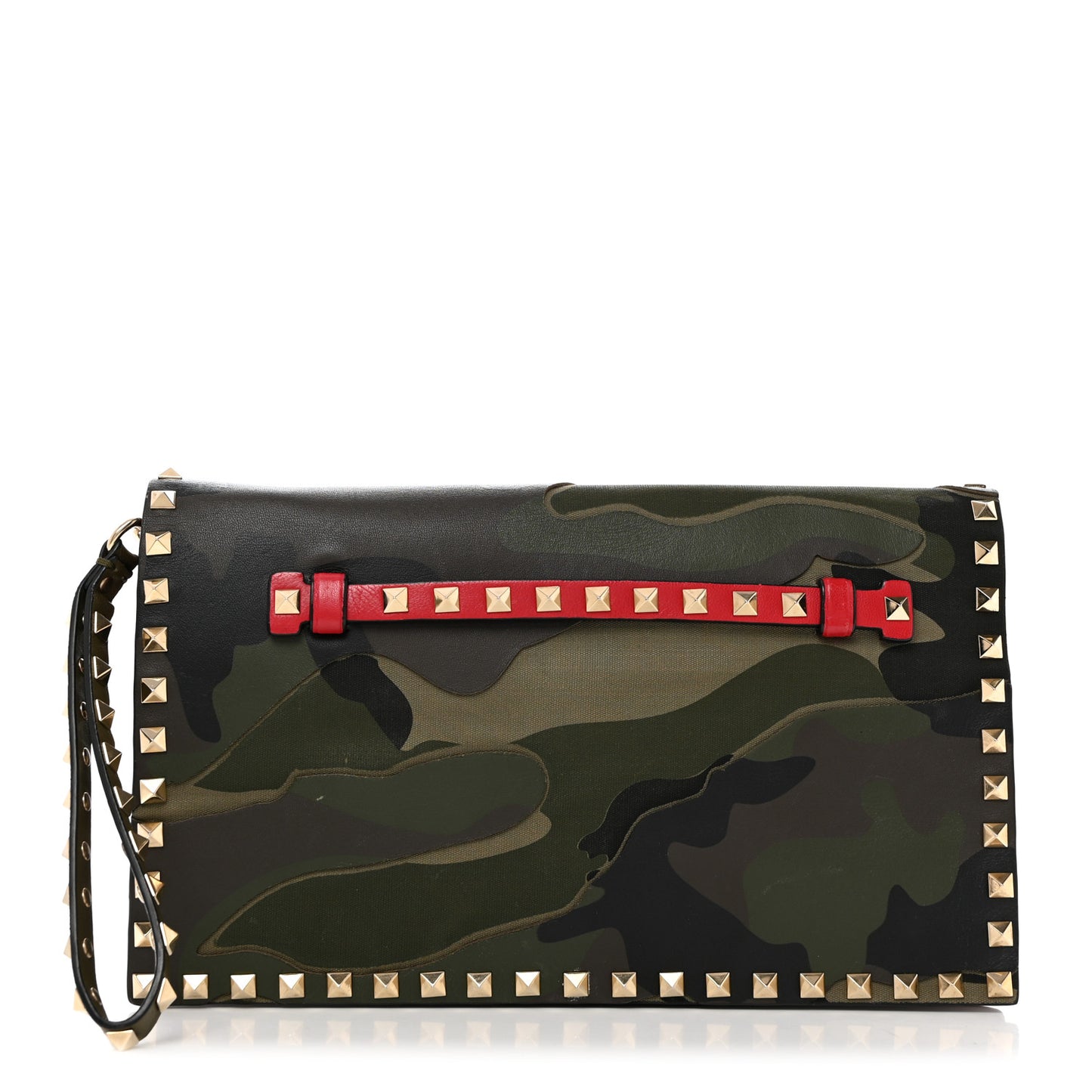 Nappa Canvas Camouflage Rockstud Wristlet Clutch Verde Rouge