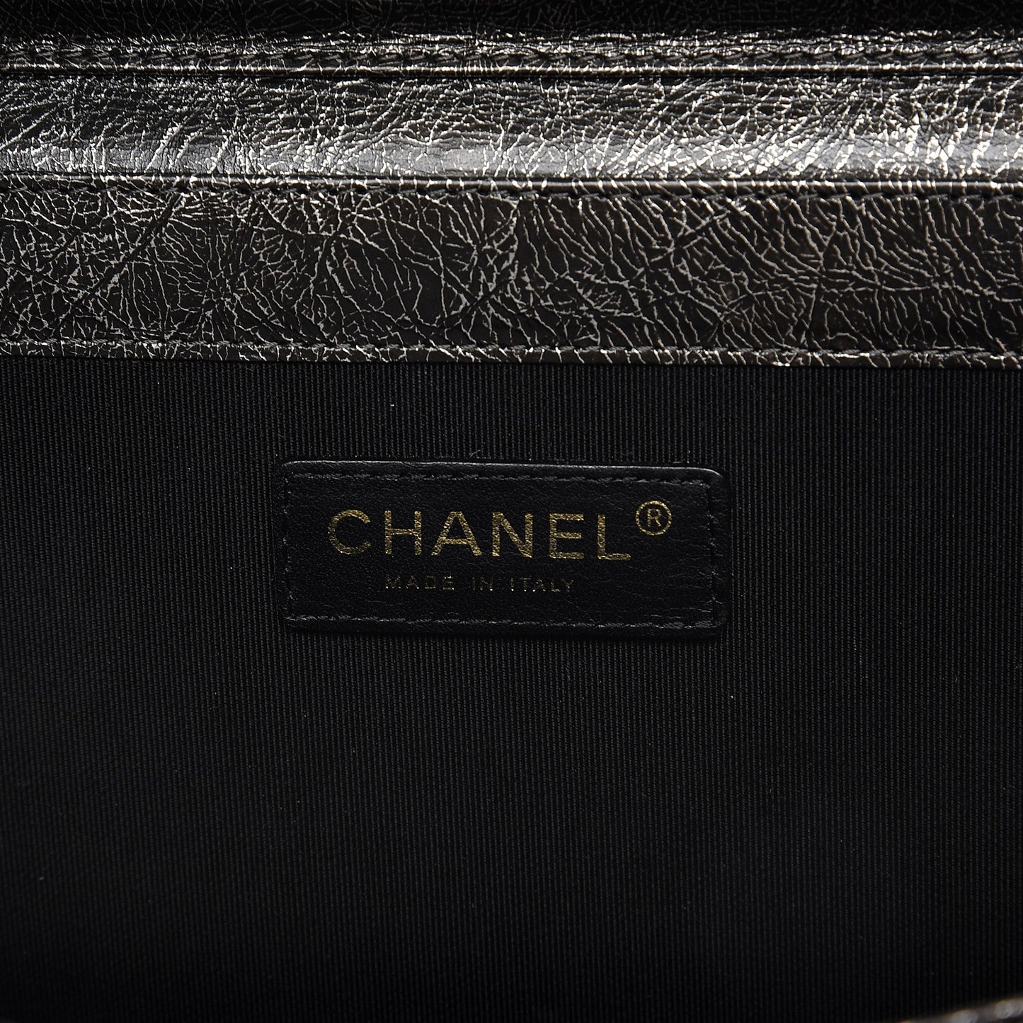 Cracked Metallic Calfskin Quilted Zip Away Chain Clutch Dark Silver