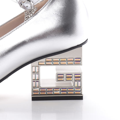 Gucci Metallic Nappa Crystal Square G Mid Heel Pumps 38 Silver 9 of 12