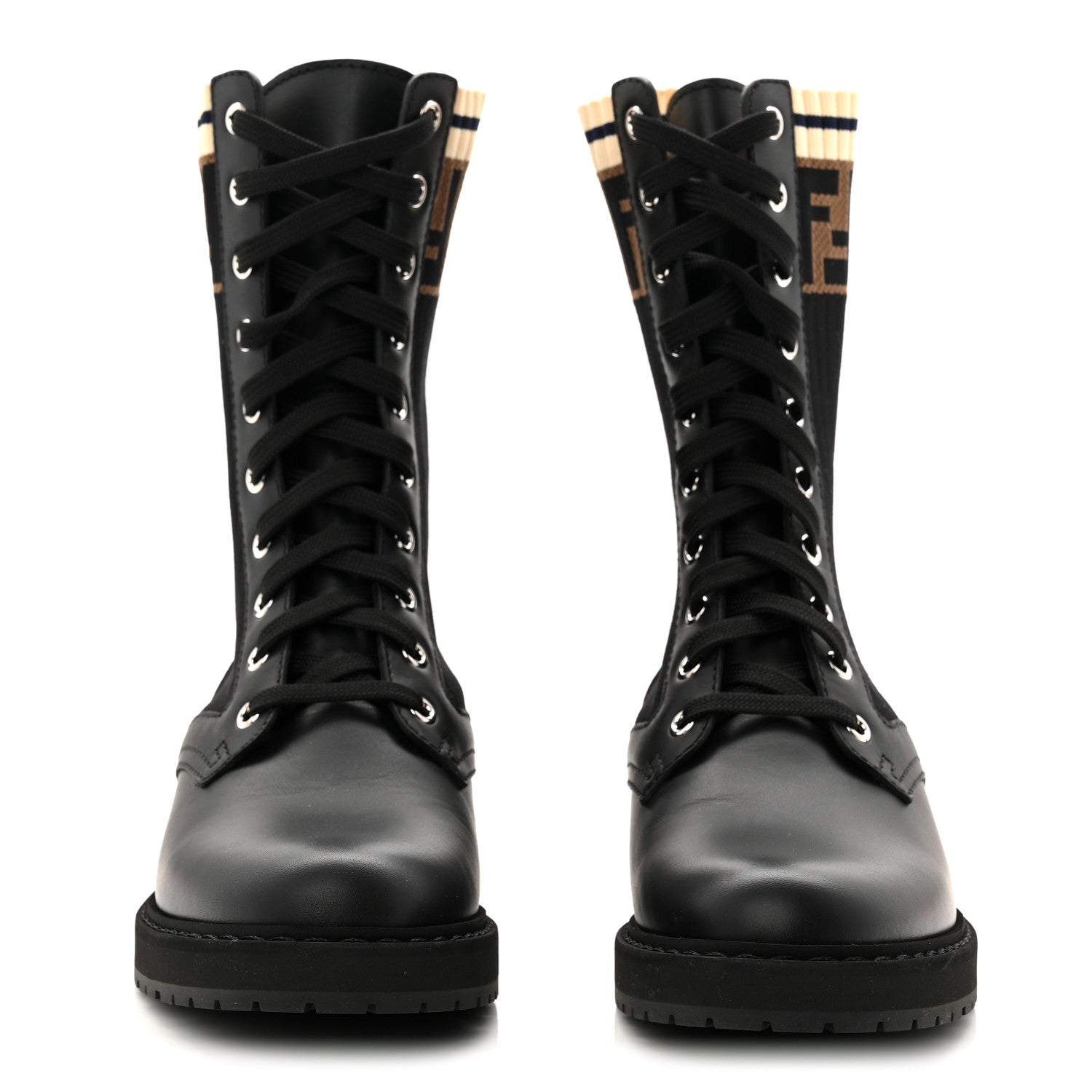 Fendi Calfskin Stretch Fabric Rockoko Biker Boots 37 Tobacco Black Marino 3 of 9