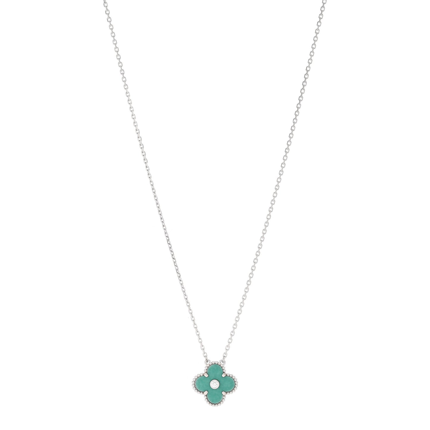 18K White Gold Diamond Celadon Green Sevres Porcelain Vintage Alhambra Pendant Necklace