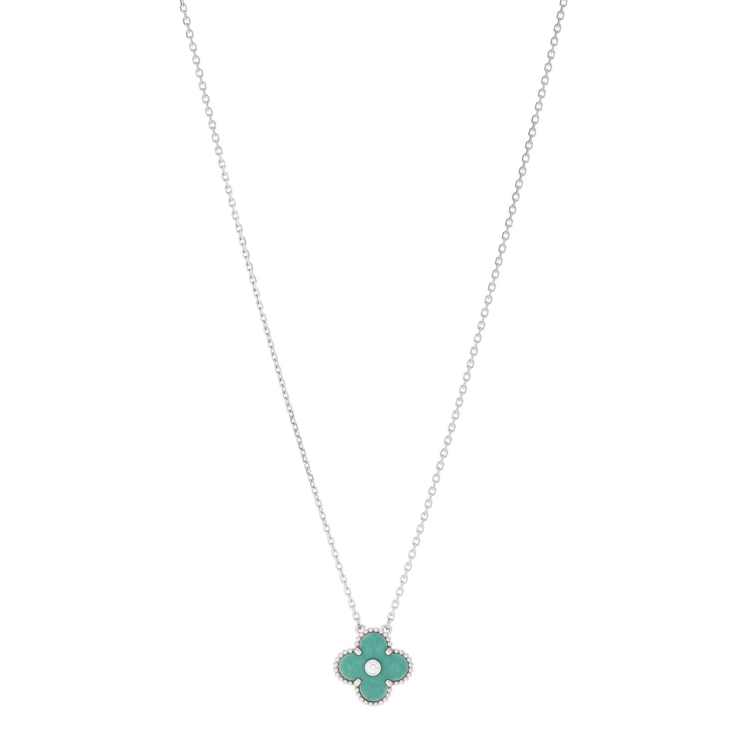 Van Cleef & Arpels 18K White Gold Diamond Celadon Green Sevres Porcelain Vintage Alhambra Pendant Necklace 1 of 6