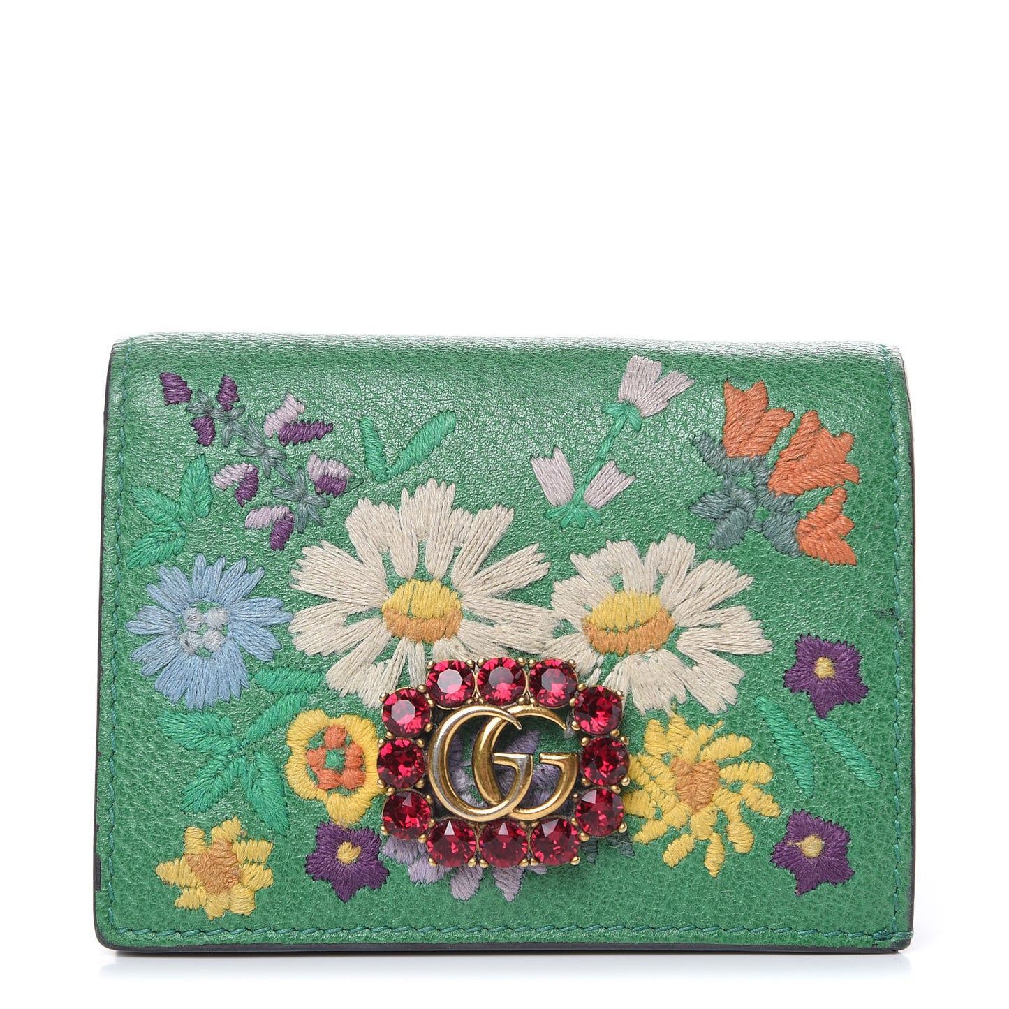 Textured Calfskin Crystal Fiori Floral Embroidered GG Card Case Grass Green