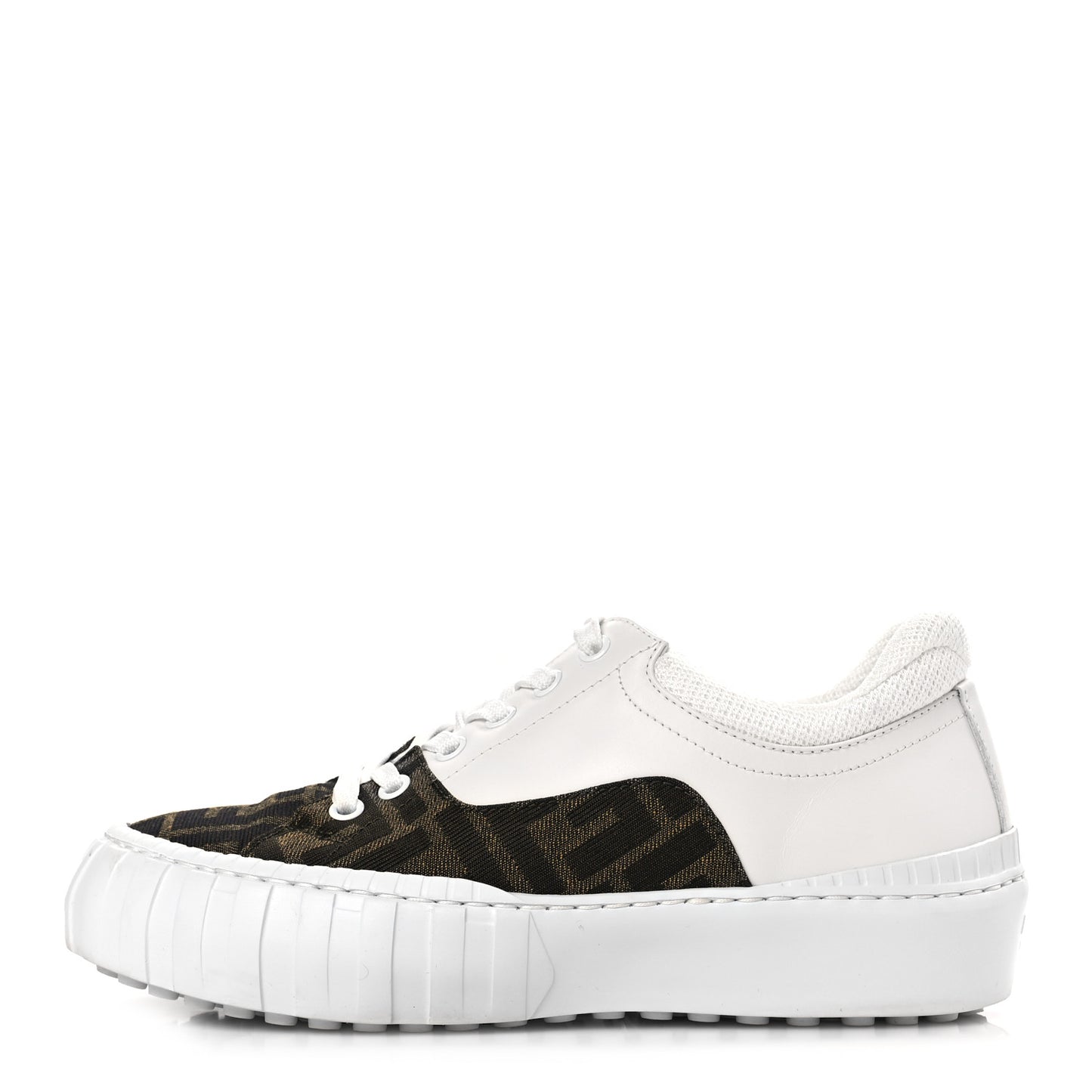 Fabric Jacquard Vitello Technical Fabric FF Womens Fendi Force Low Top Sneakers 36 Tobacco Black Ultra White White