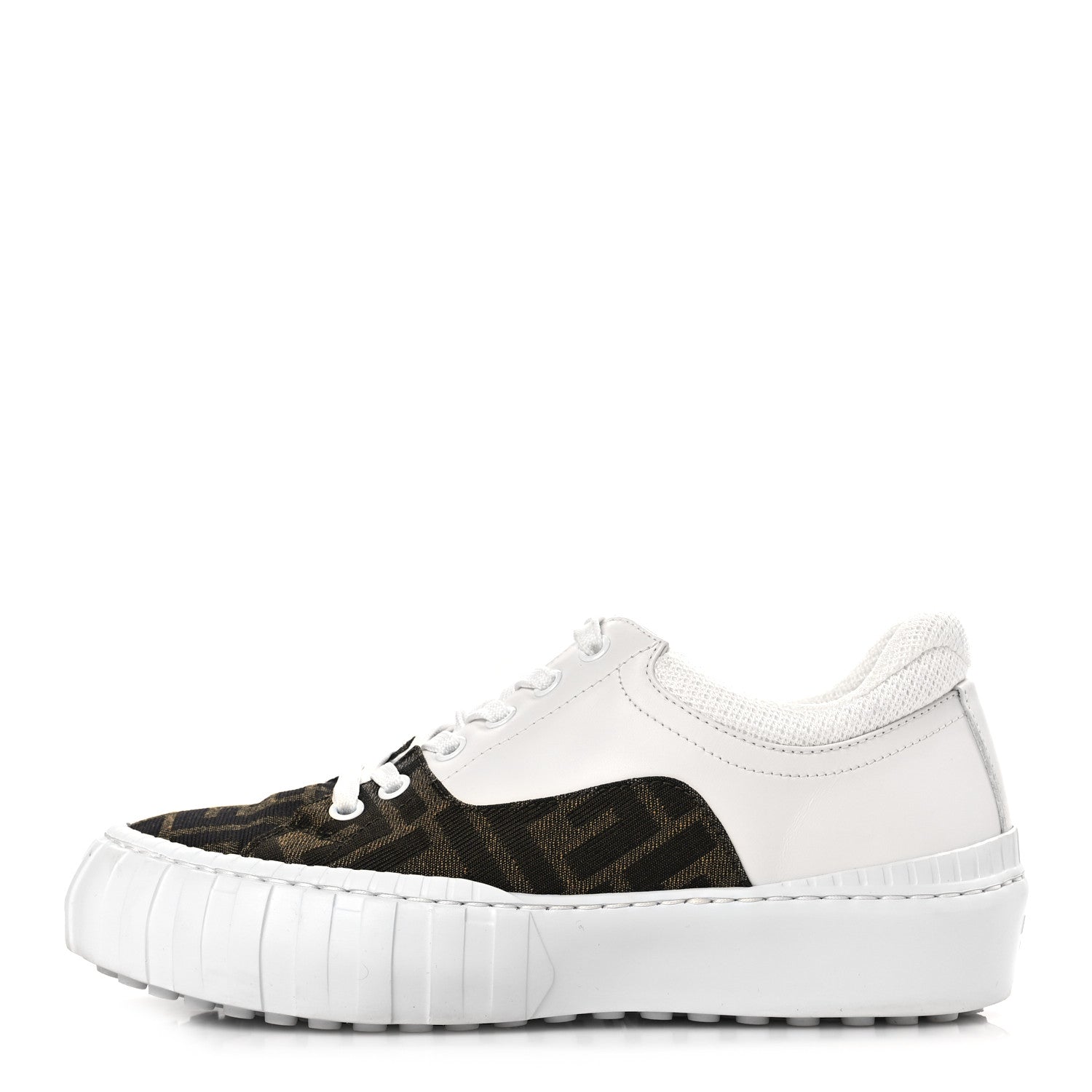 Fendi Fabric Jacquard Vitello Technical Fabric FF Womens Fendi Force Low Top Sneakers 36 Tobacco Black Ultra White White 1 of 11