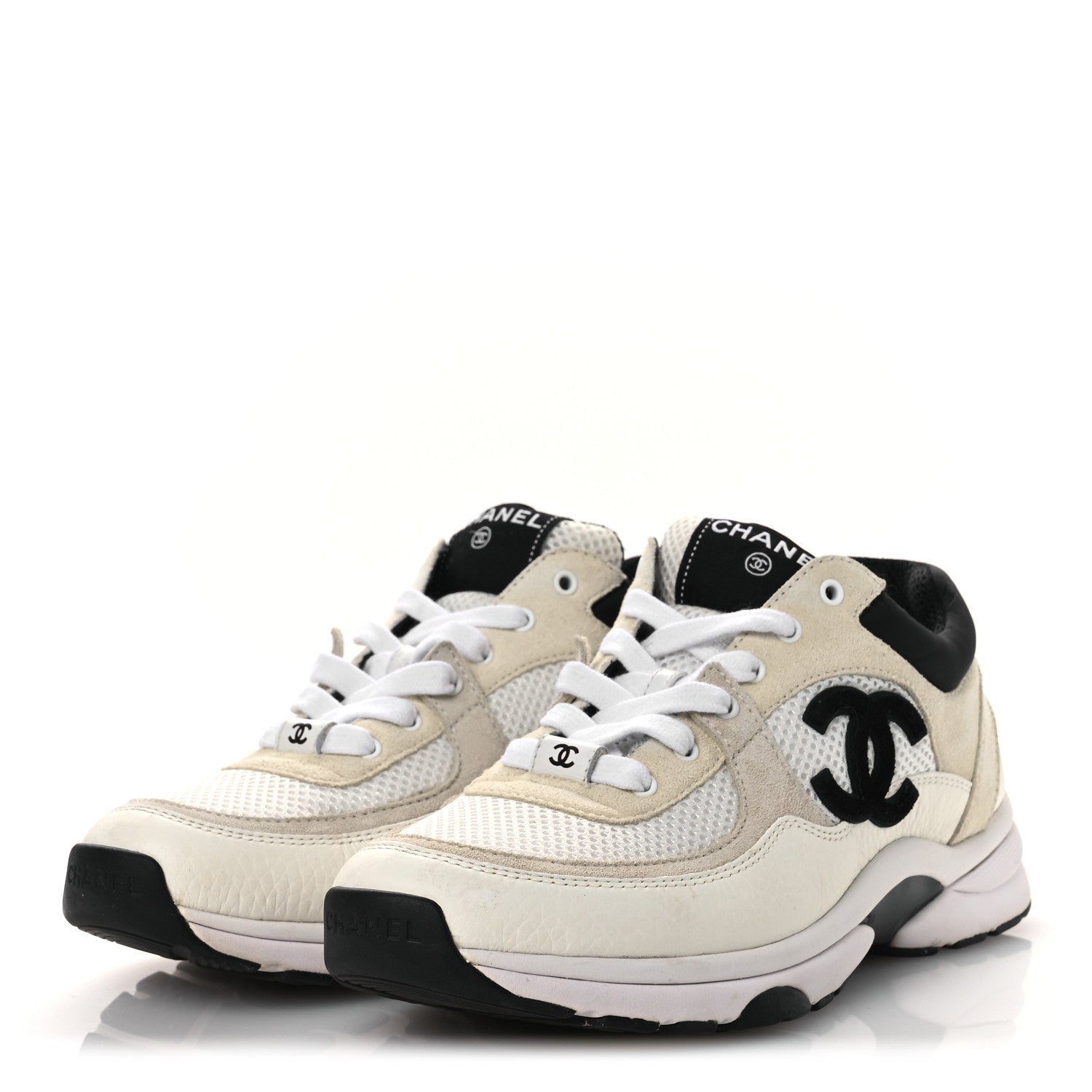Chanel Mesh Suede Calfskin Grained Calfskin Womens CC Sneakers 38 White Black 3 of 11