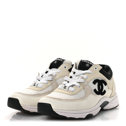 Chanel Mesh Suede Calfskin Grained Calfskin Womens CC Sneakers 38 White Black 3 of 11