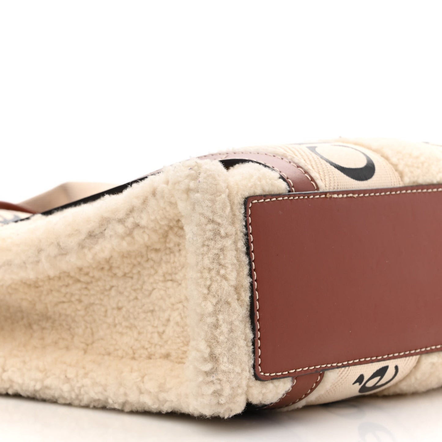 Shearling Calfskin Small Woody Ribbon Tote With Strap Mild Beige