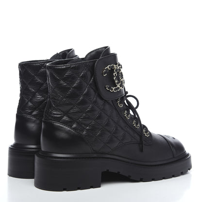 Chanel Shiny Goatskin Calfskin Quilted Lace Up Combat Boots 37.5 Black 4 of 9