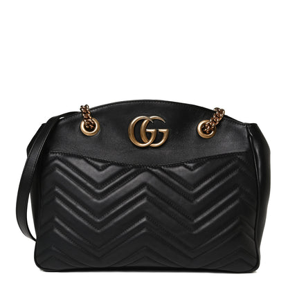 Gucci Calfskin Matelasse Medium GG Marmont Open Top Shoulder Bag Black 1 of 16