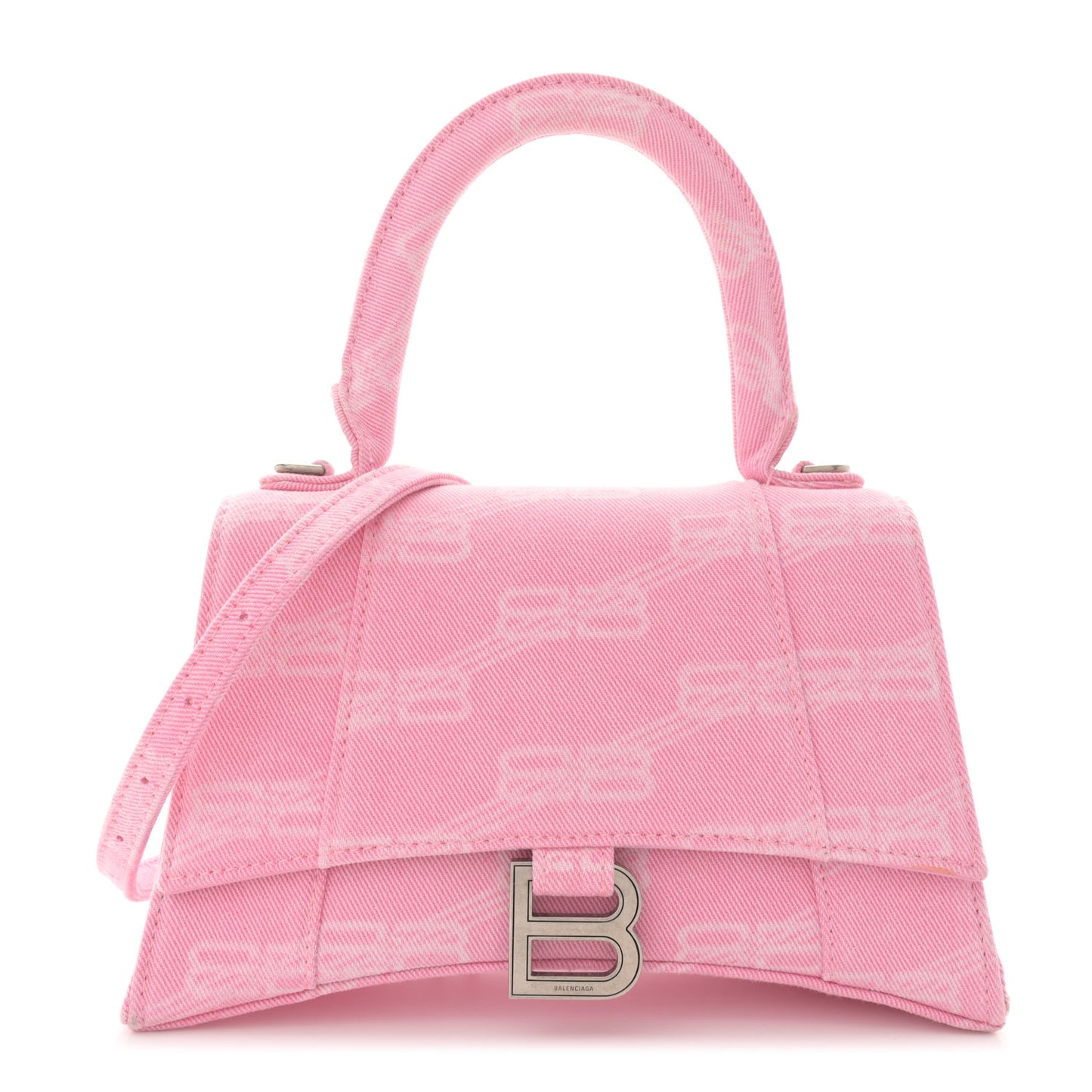 Washed Denim BB Monogram Hourglass Top Handle Bag Small Pink