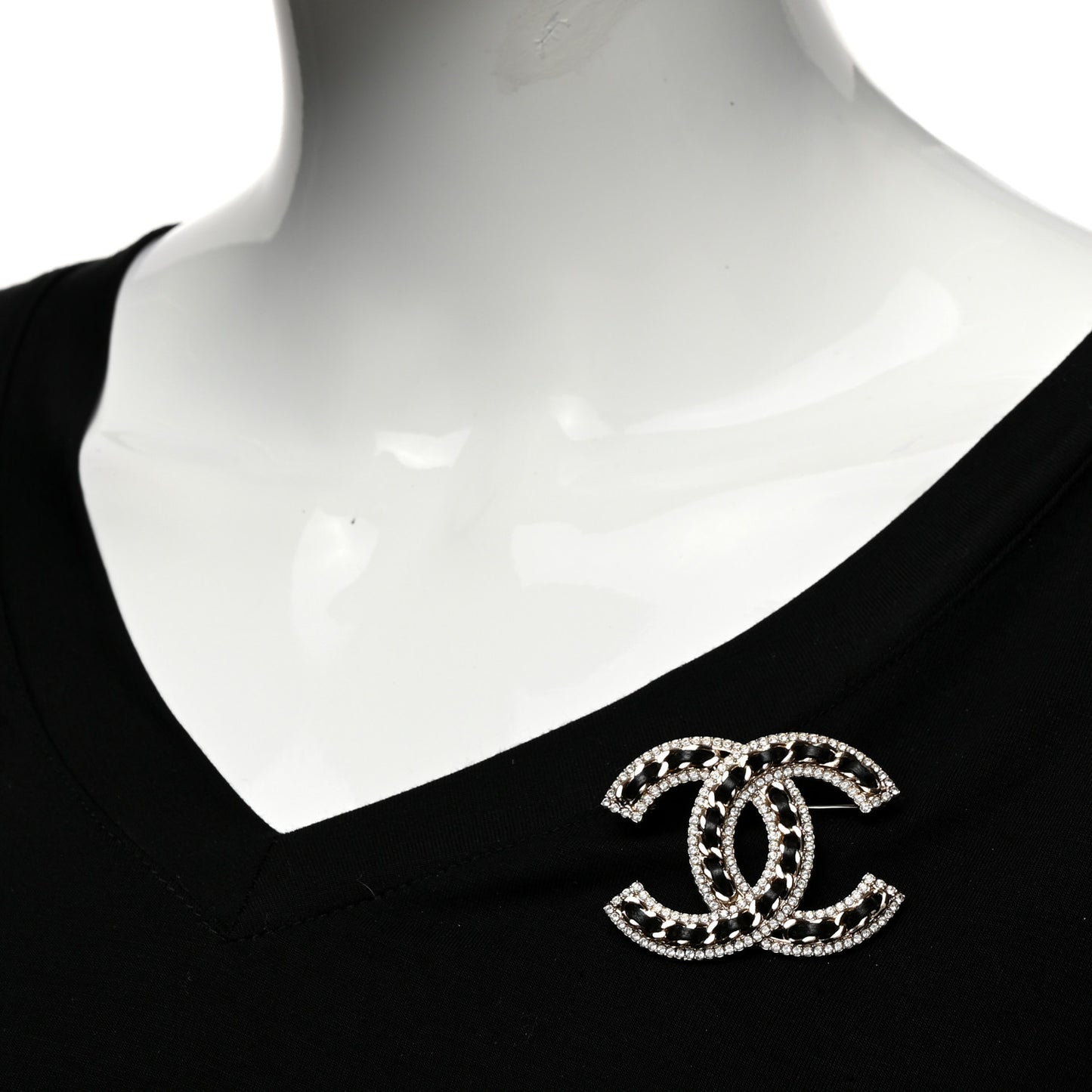 Lambskin Crystal CC Chain Brooch Black Gold