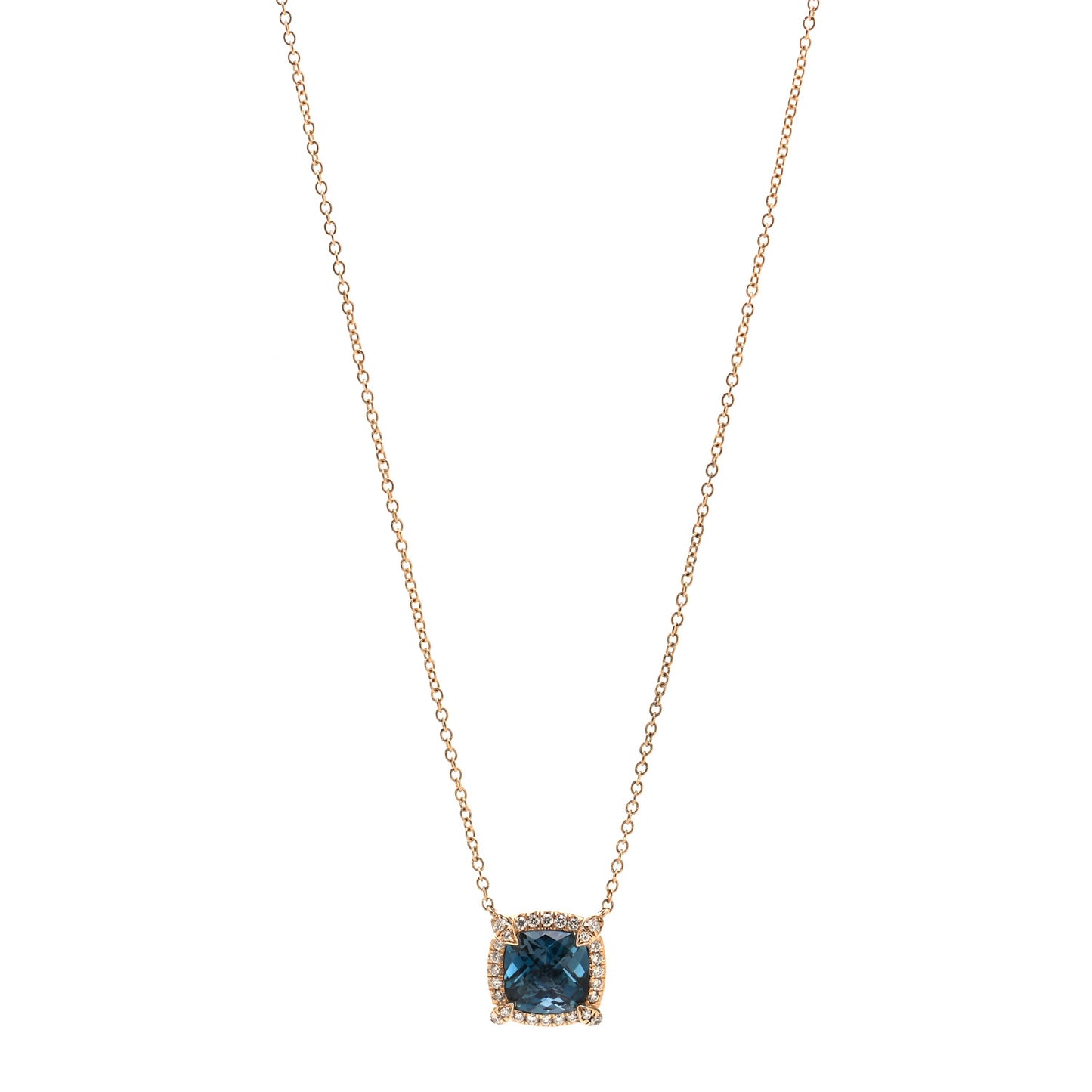 18K Yellow Gold Diamond Hampton Blue Topaz 7mm Petite Chatelaine Pave Bezel Pendant Necklace