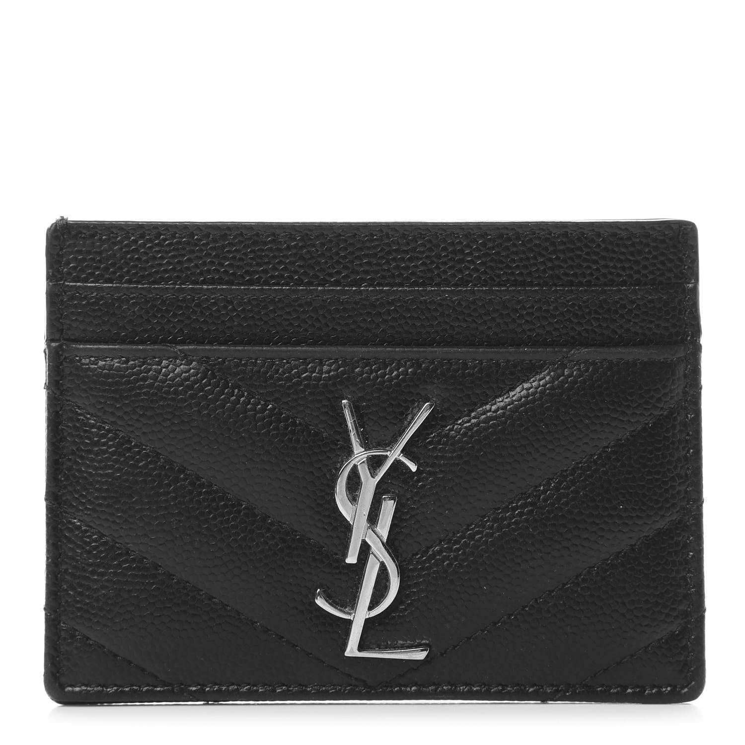Saint Laurent Grain De Poudre Matelasse Chevron Monogram Credit Card Case Black 1 of 7