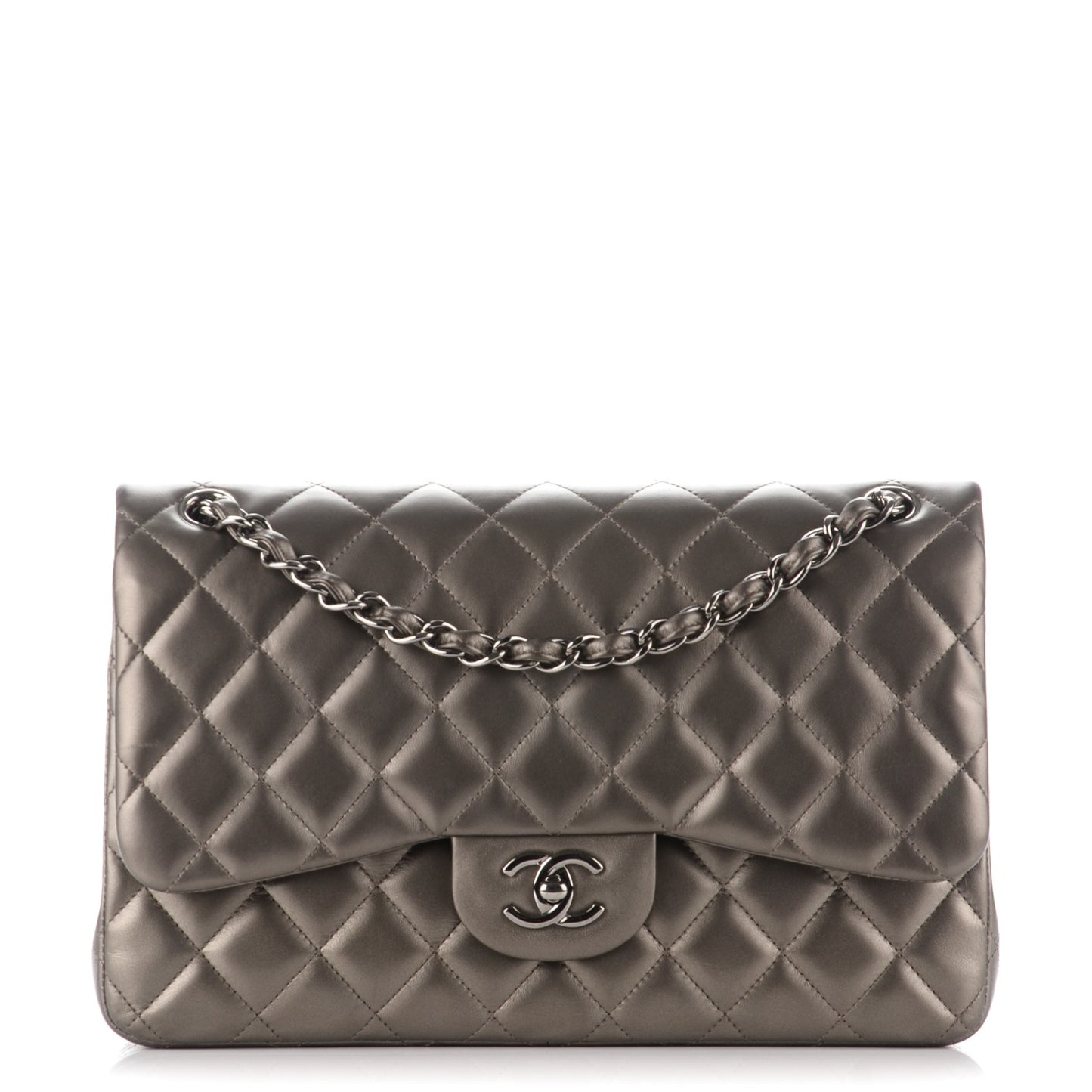 Metallic Lambskin Quilted Jumbo Double Flap Pewter