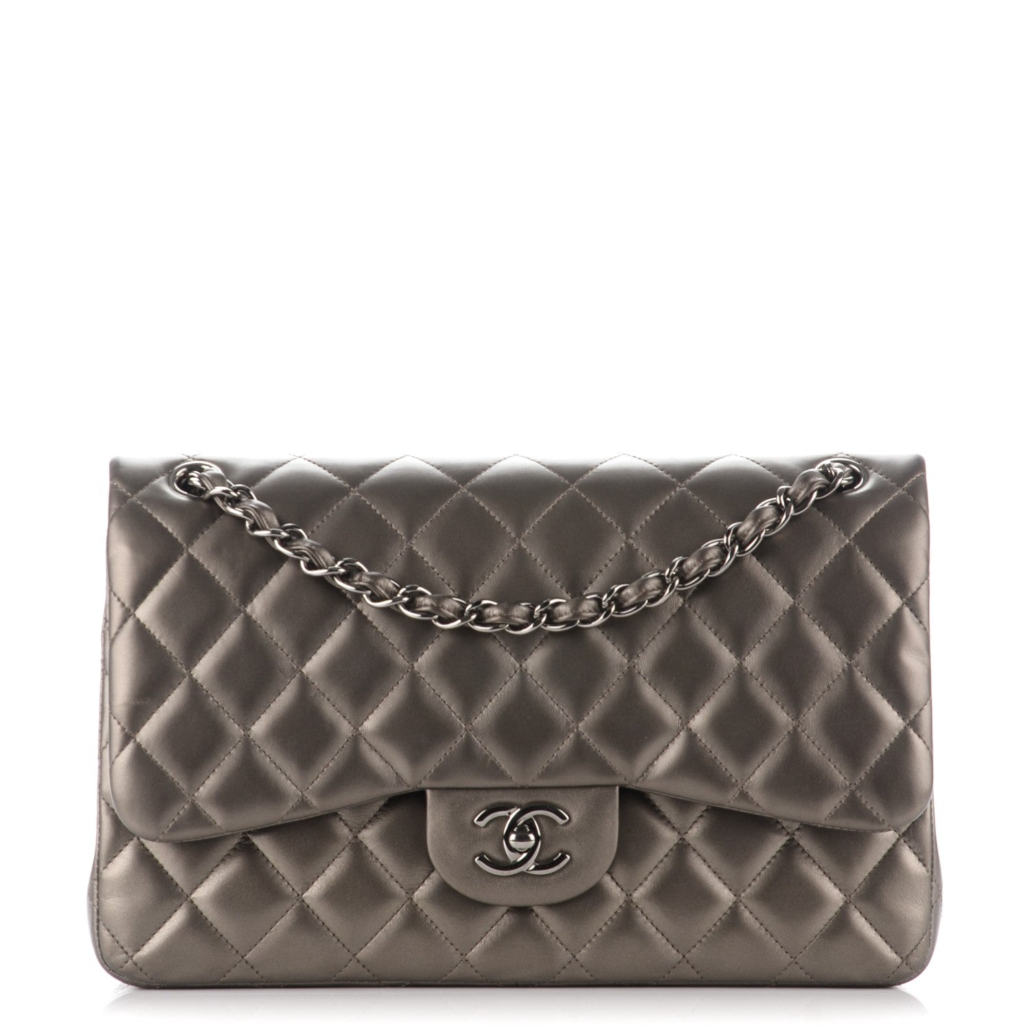 Chanel Metallic Lambskin Quilted Jumbo Double Flap Pewter 1 of 9