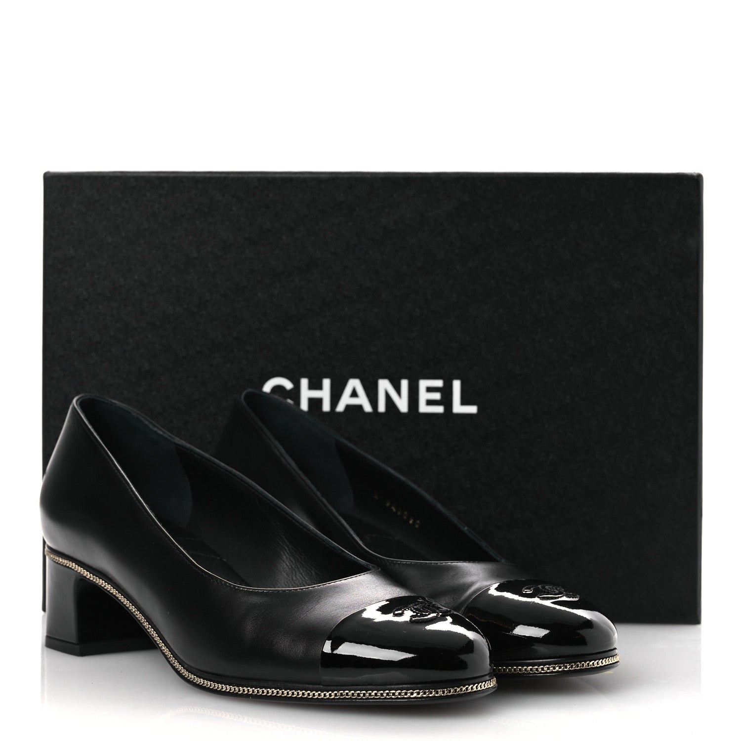 Chanel Lambskin Patent Cap Toe CC Pumps 37 Black 1775334