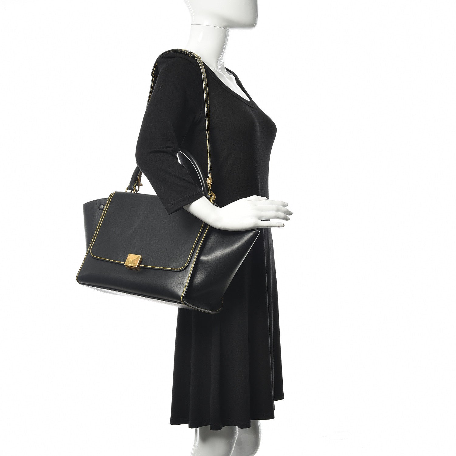 Celine Smooth Calfskin Yellow Stitching Medium Trapeze Black 2 of 9