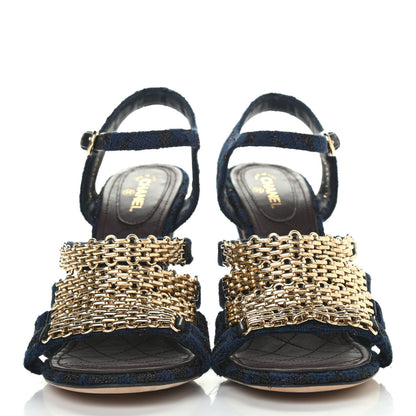 Chanel Metallic Tweed Gladiator Chain Sandals 40.5 Blue Gold 2 of 4