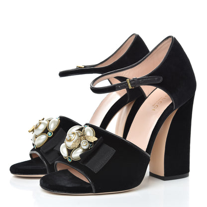 Gucci Velvet Pearl Bee Embellished Sandals 38 Black 3 of 15