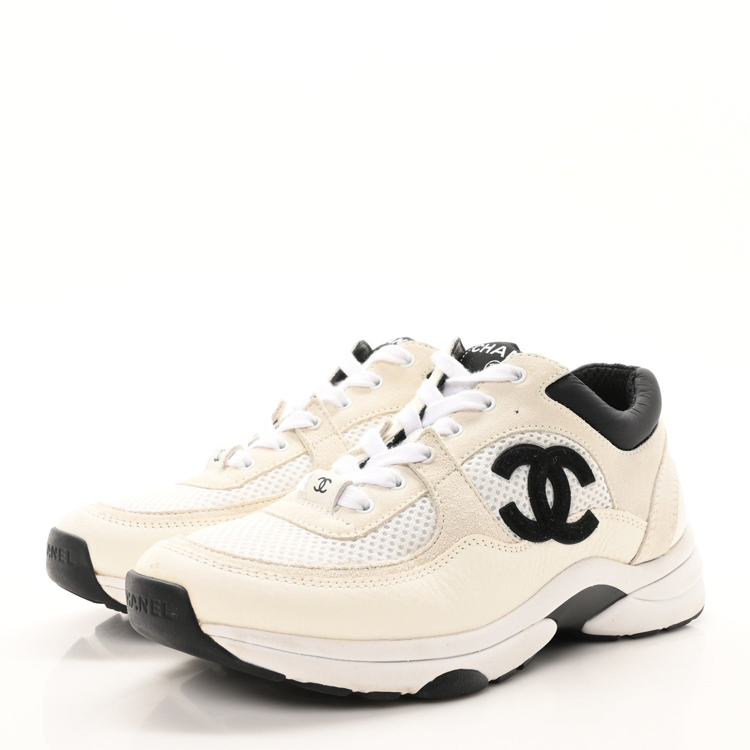 Chanel Mesh Suede Grained Calfskin Womens CC Sneakers 37.5 White Black 4 of 9
