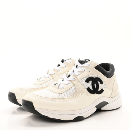 Chanel Mesh Suede Grained Calfskin Womens CC Sneakers 37.5 White Black 4 of 9