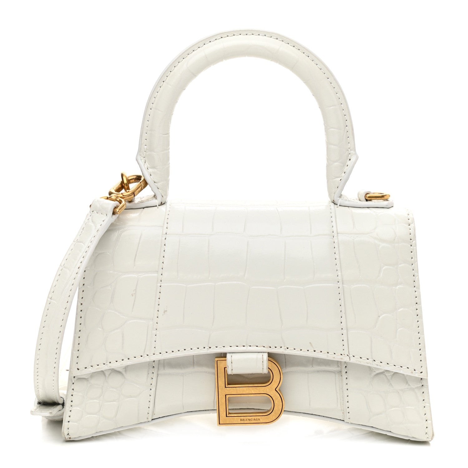 Balenciaga Shiny Calfskin Crocodile Embossed Hourglass Top Handle Bag XS White 1 of 14