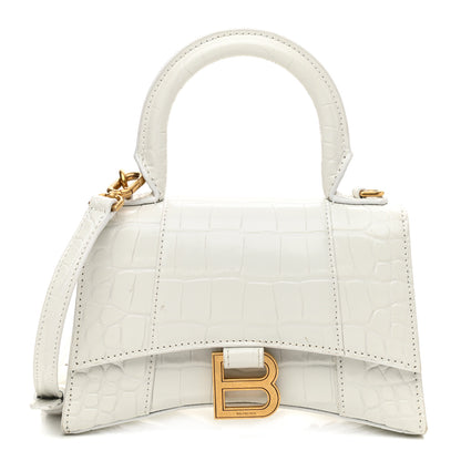 Balenciaga Shiny Calfskin Crocodile Embossed Hourglass Top Handle Bag XS White 1 of 14