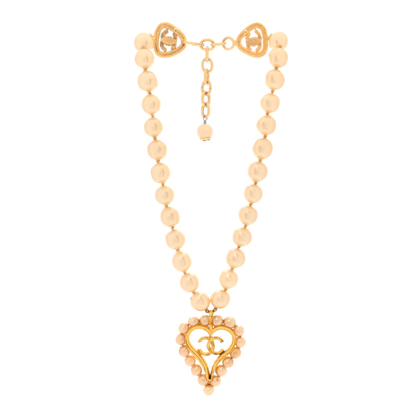 Pearl CC Heart Necklace Gold White