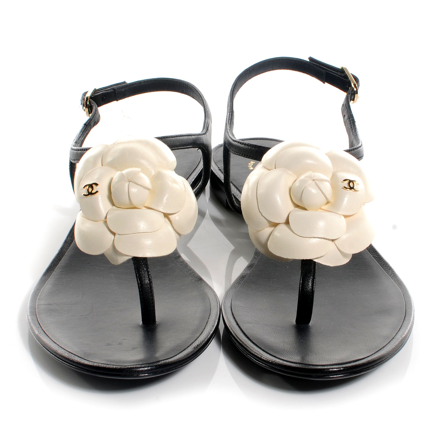 Chanel Lambskin Camellia Thong Sandals 37.5 Black White 2 of 6