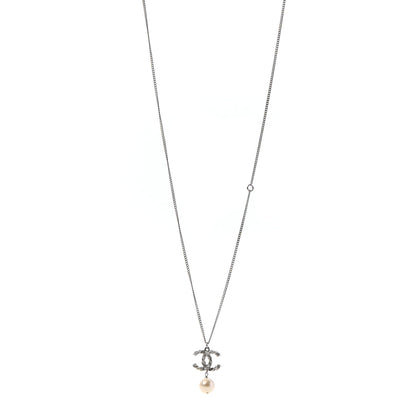 Chanel Crystal Pearl Twisted CC Drop Necklace Silver 1 of 5