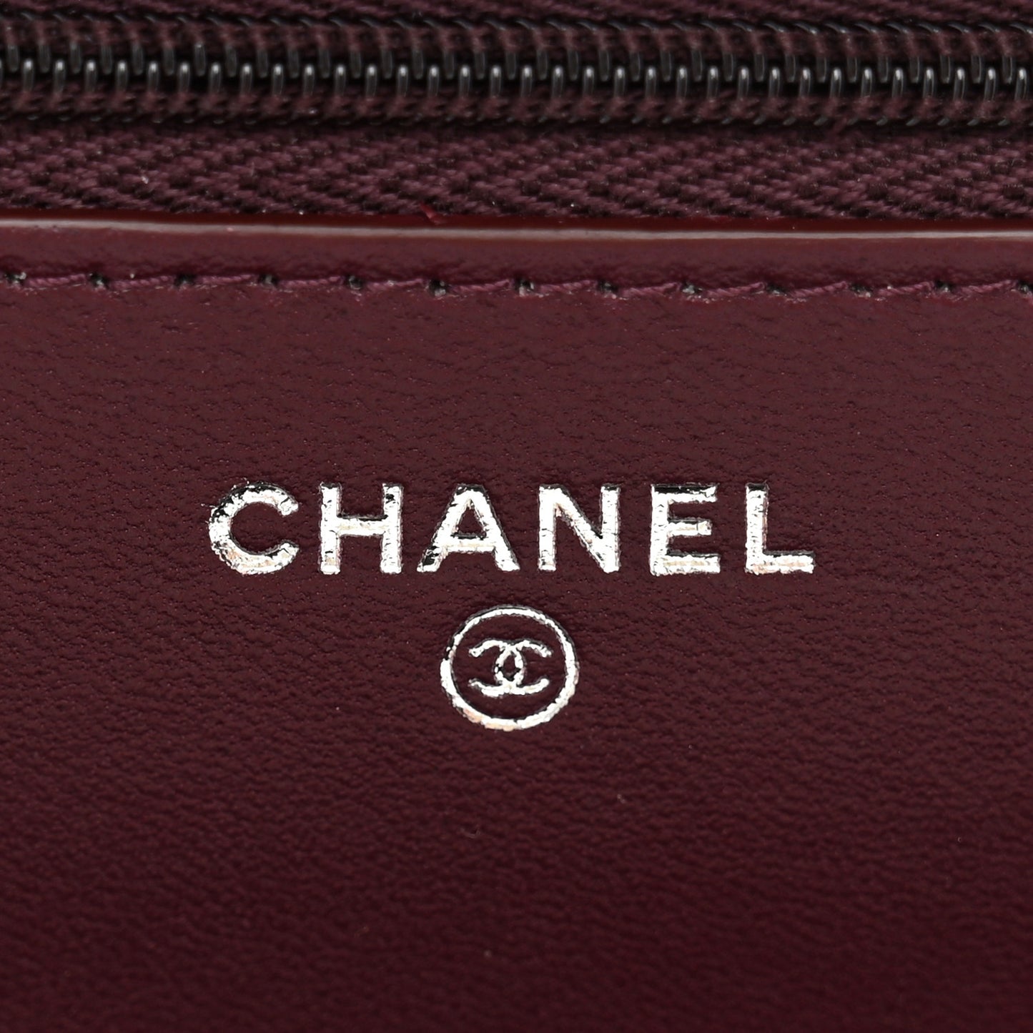 Lambskin Quilted Enamel CC Wallet On Chain WOC Burgundy