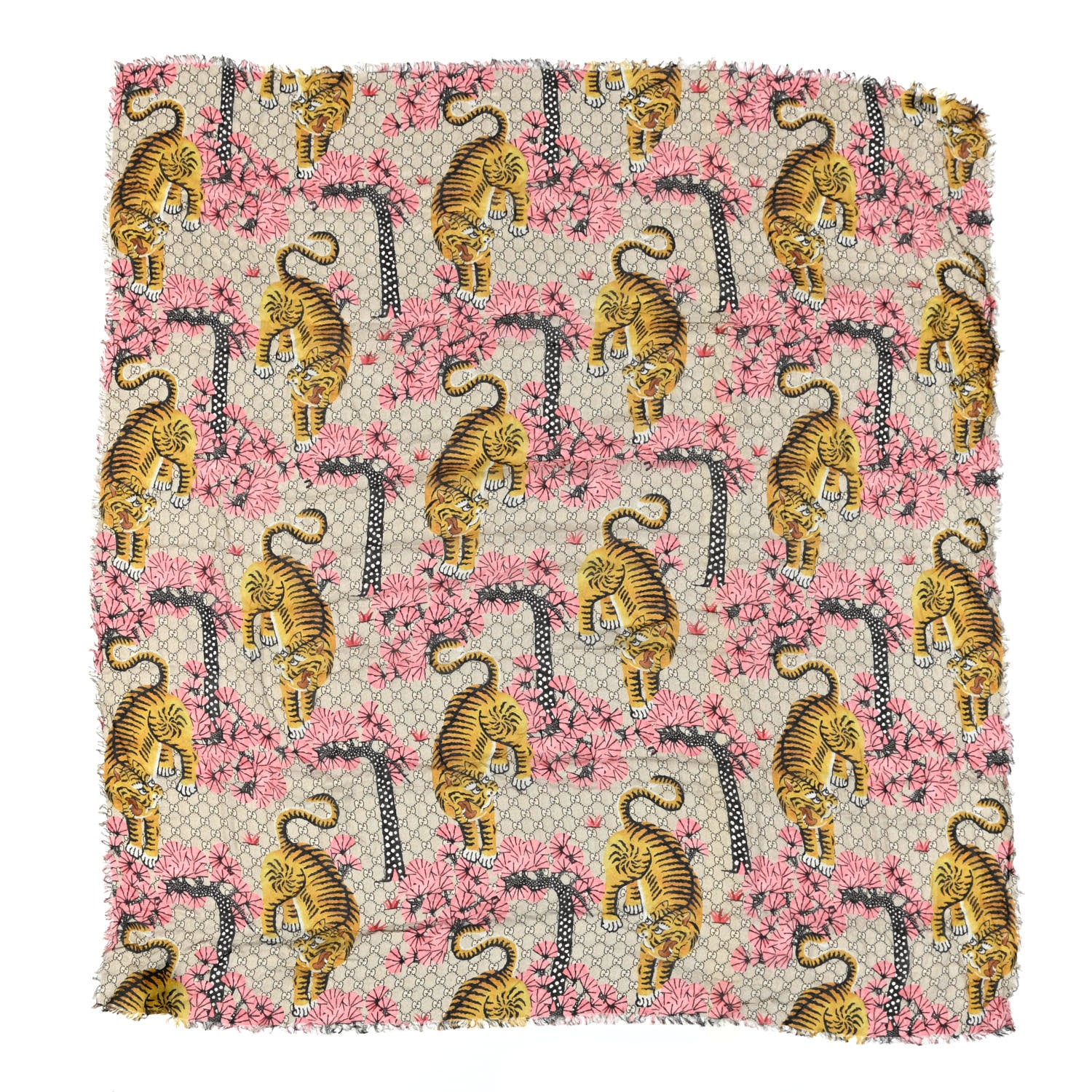 Gucci Modal Silk GG Monogram Supreme Tiger Square Shawl Rope Pink 1 of 3