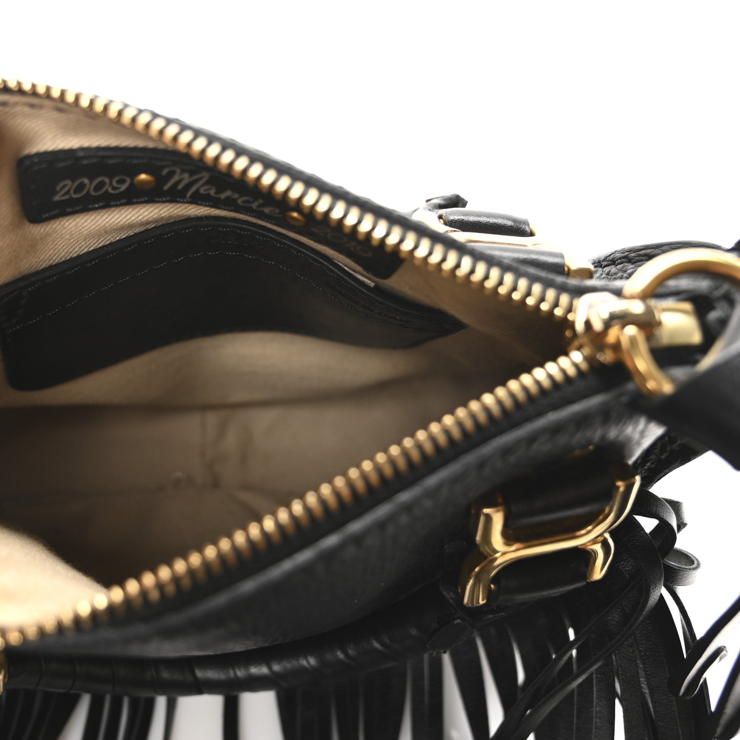 Shiny Small Grain Calfskin Mini Marcie Multi Fringe Satchel Black