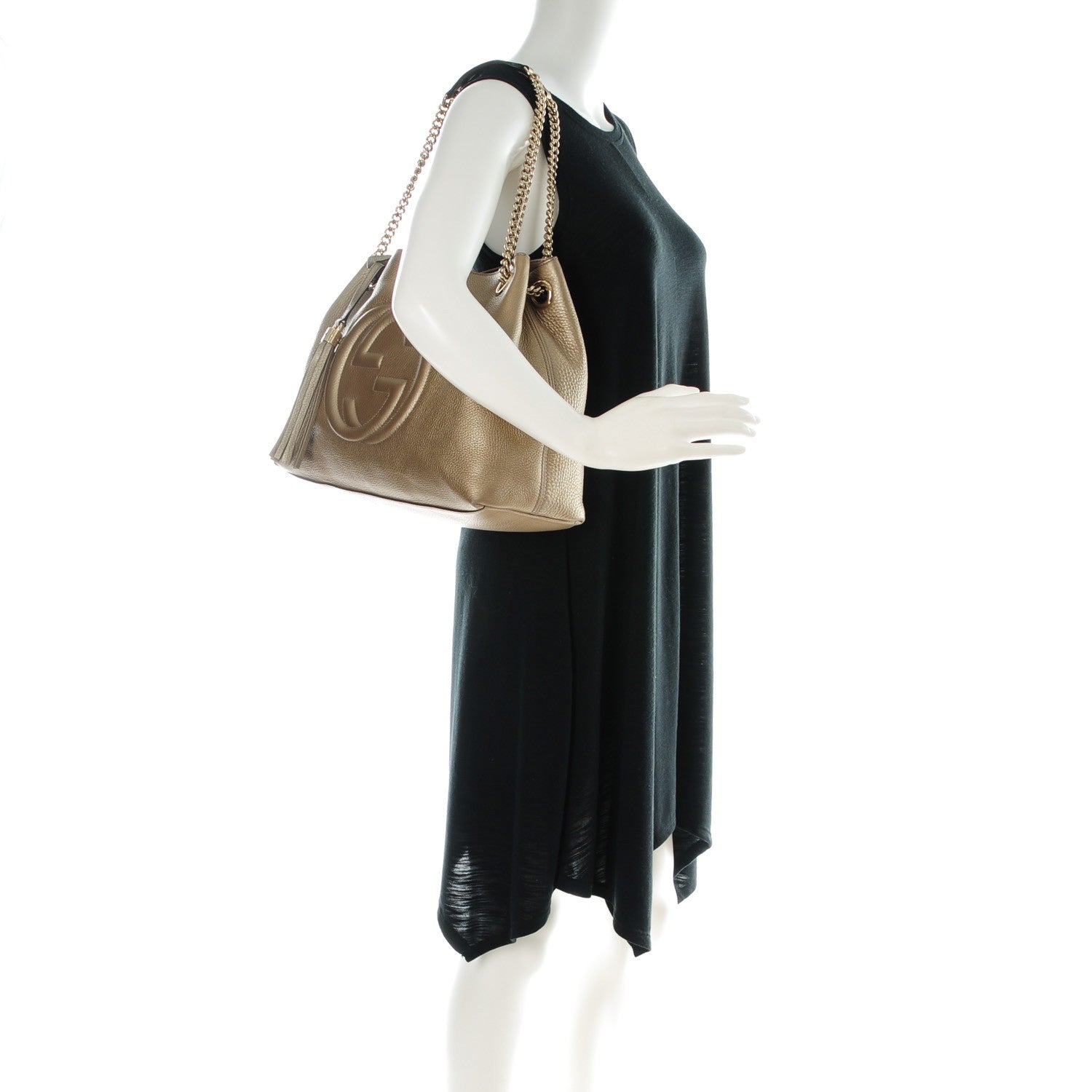 Gucci Metallic Pebbled Calfskin Medium Soho Chain Shoulder Bag Golden Beige 2 of 8