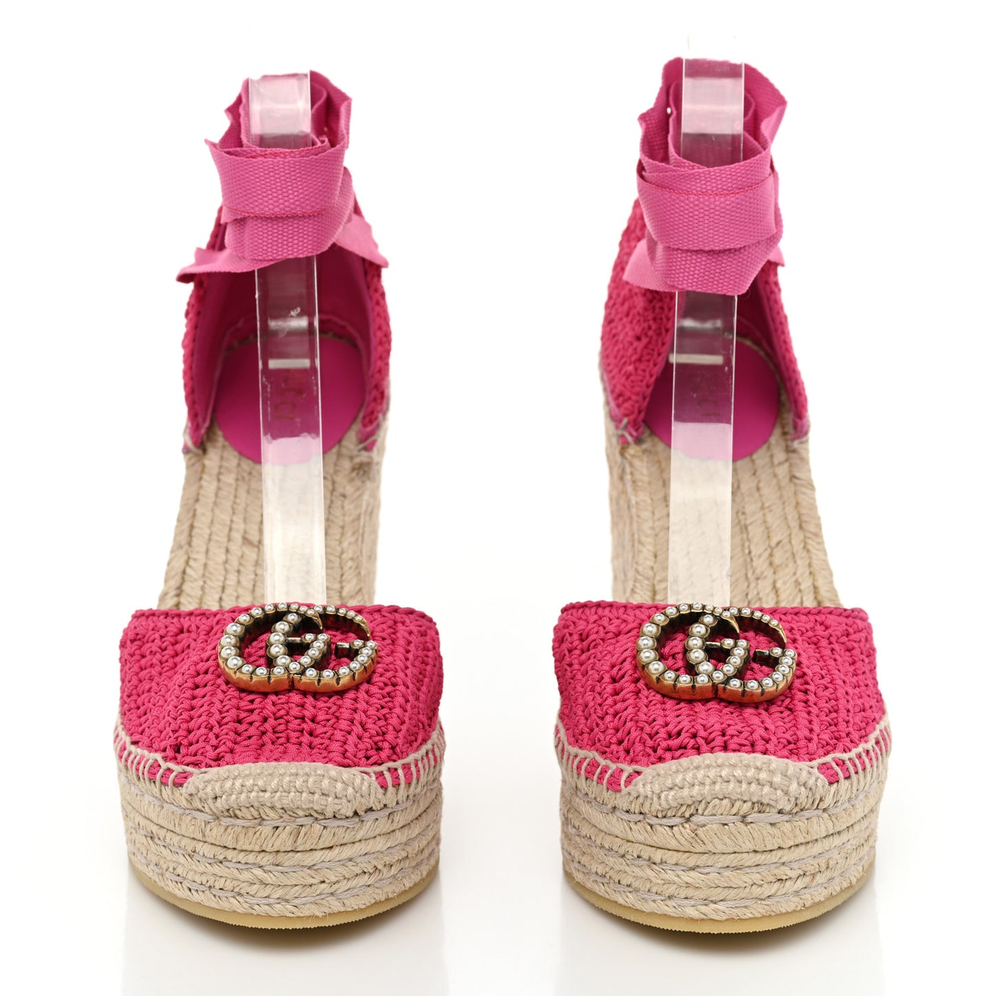 Cotton Crochet Pearly GG Ankle Wrap Platform Espadrille Wedges 37 Cyclamen Rose