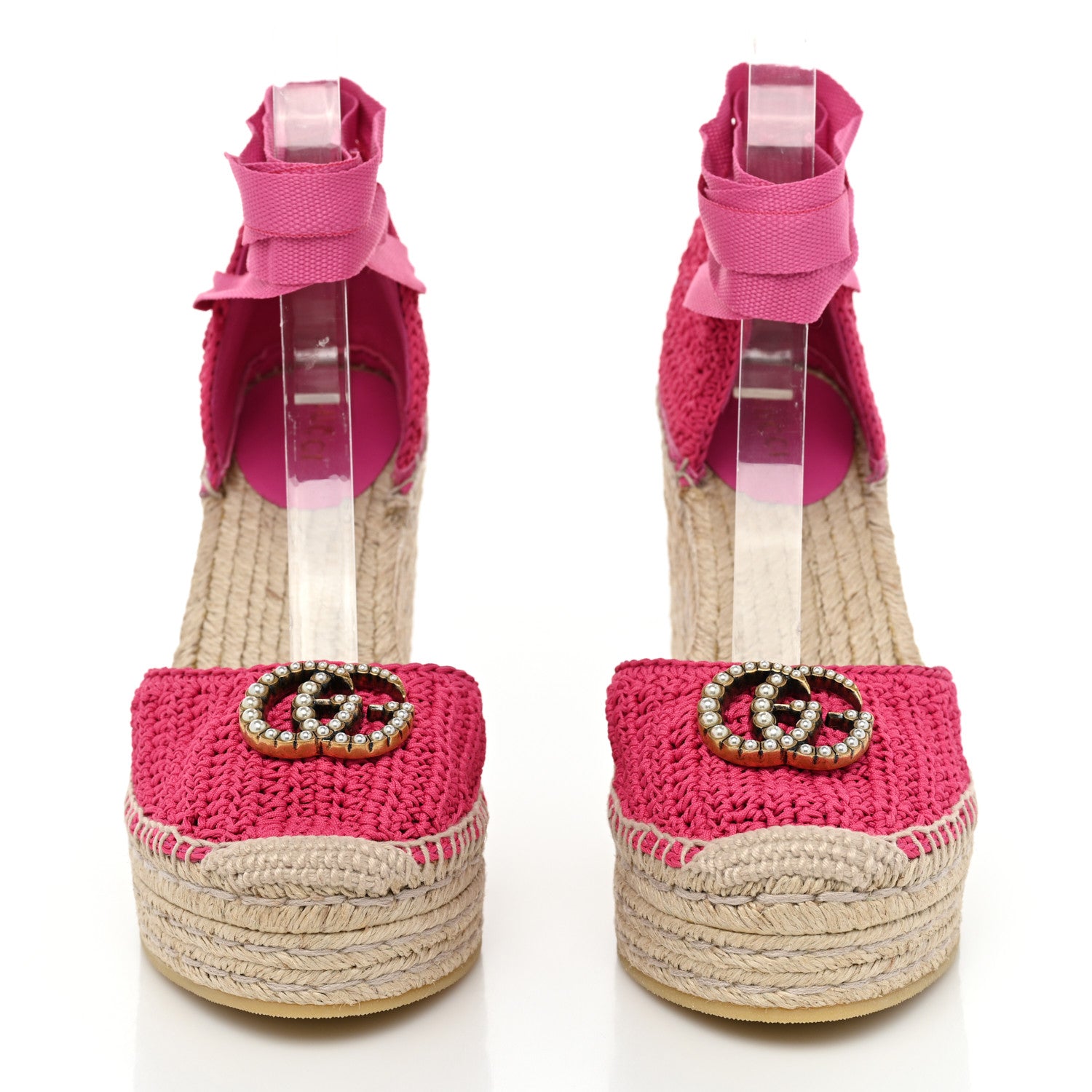 Gucci Cotton Crochet Pearly GG Ankle Wrap Platform Espadrille Wedges 37 Cyclamen Rose 2 of 9