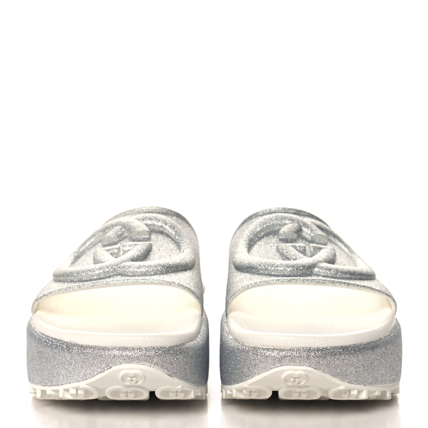 Glitter Rubber Womens Interlocking G Platform 42mm Slide Sandals 35 Silver