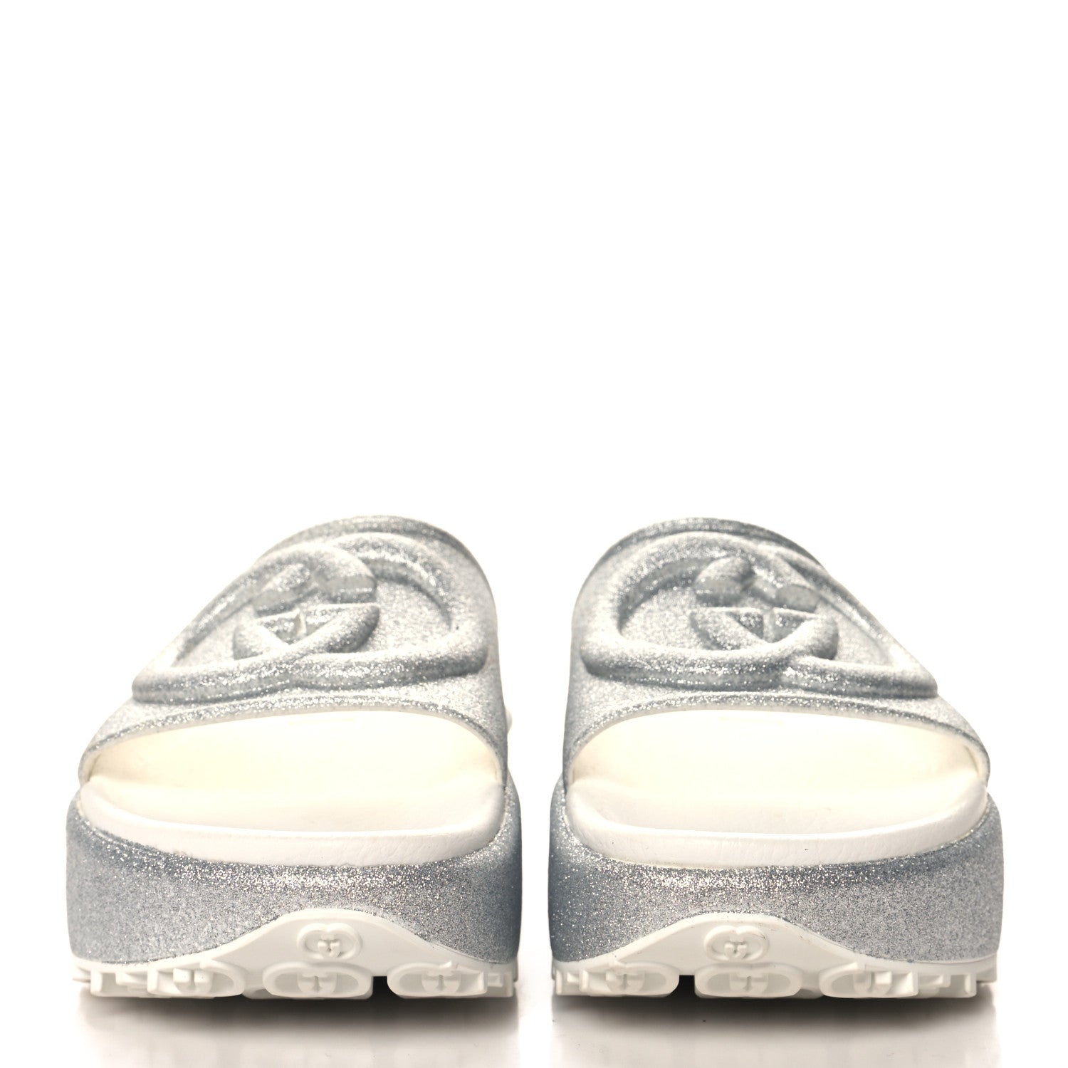 Gucci Glitter Rubber Womens Interlocking G Platform 42mm Slide Sandals 35 Silver 3 of 9
