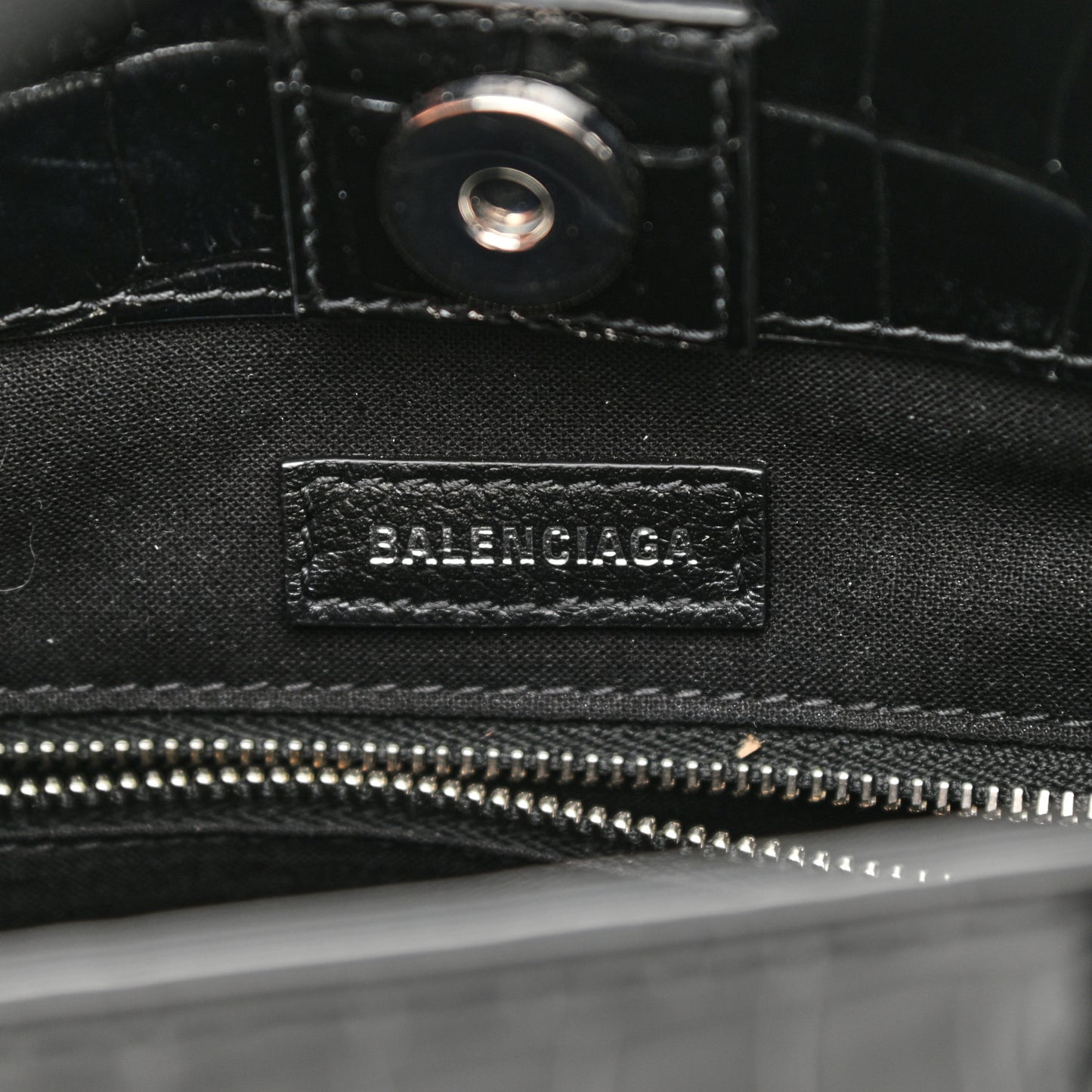 Shiny Calfskin Logo Crocodile Embossed North South Shopper Tote XXS Black White