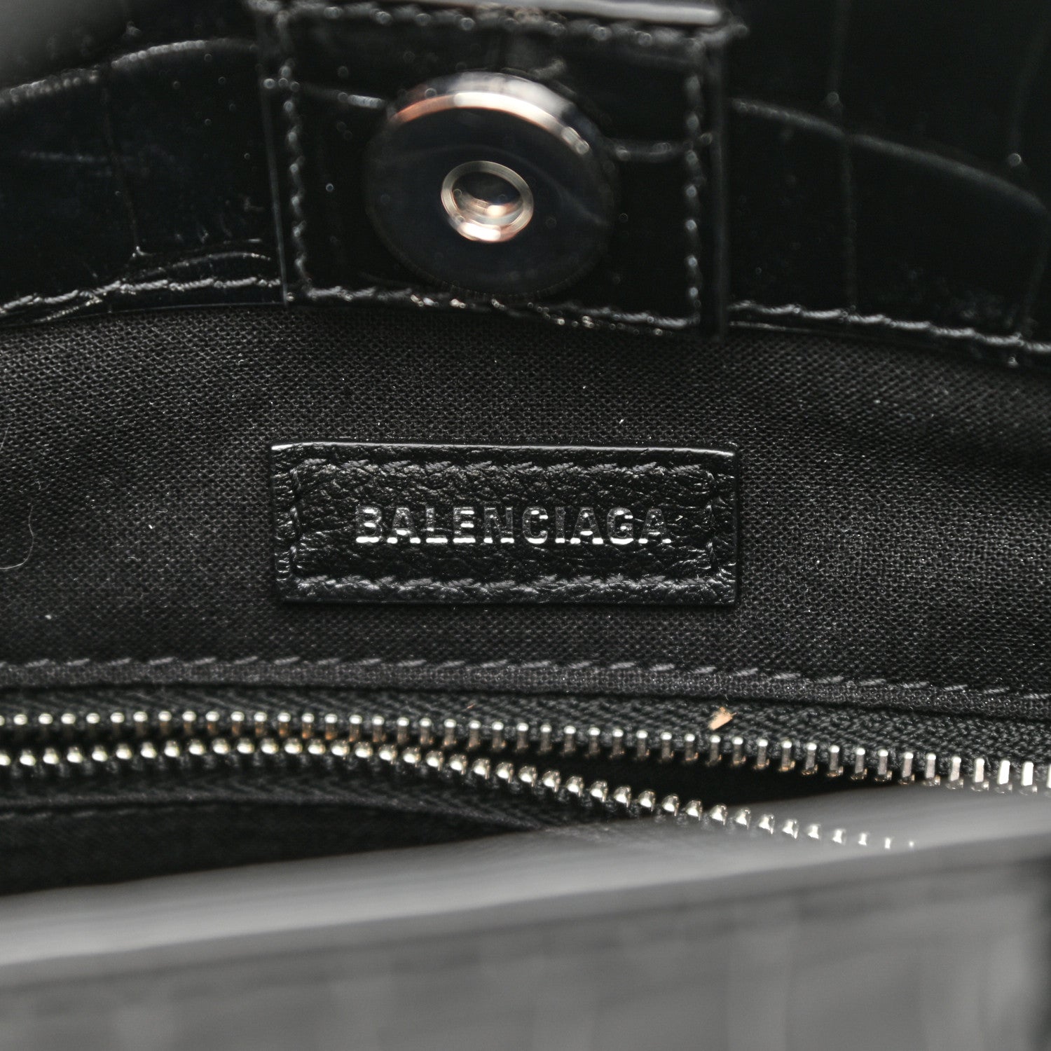 Balenciaga Shiny Calfskin Logo Crocodile Embossed North South Shopper Tote XXS Black White 6 of 10