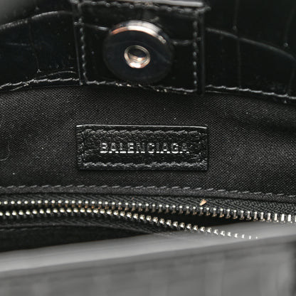 Balenciaga Shiny Calfskin Logo Crocodile Embossed North South Shopper Tote XXS Black White 6 of 10
