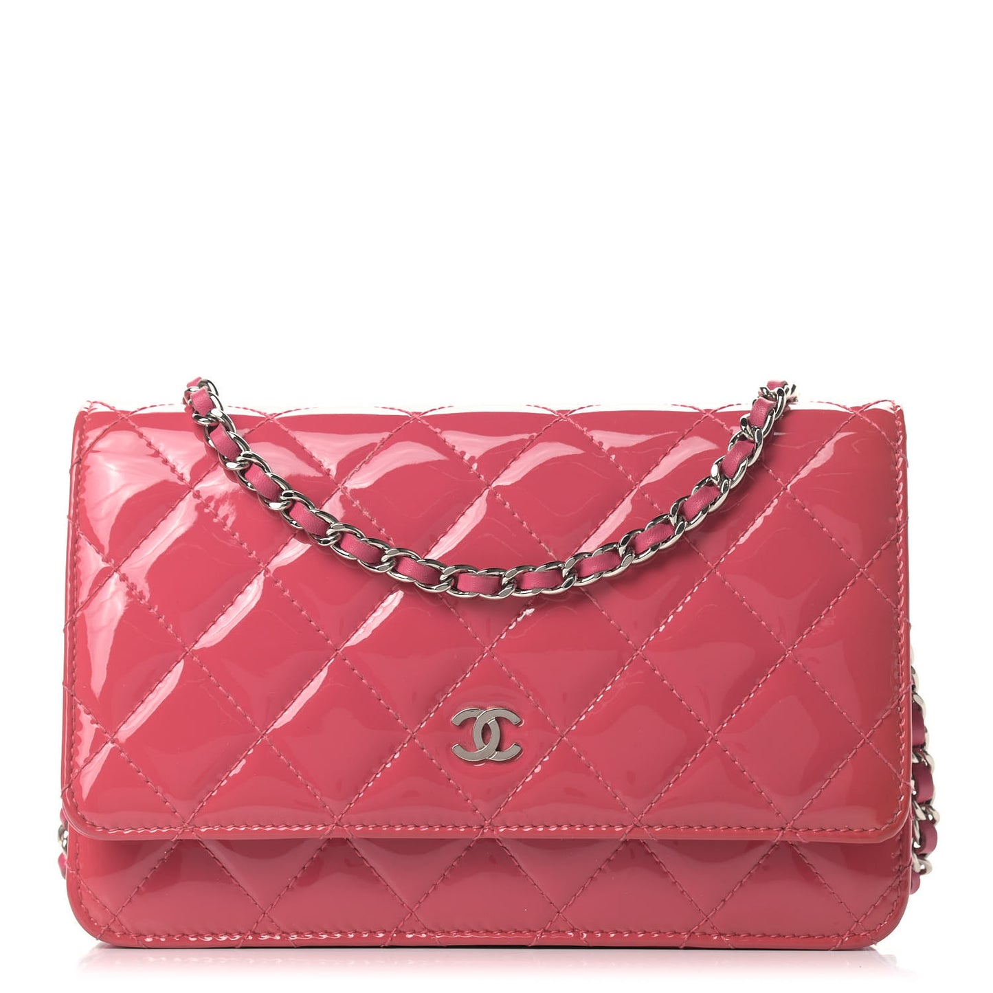 Patent Calfskin Quilted Wallet On Chain WOC Pink